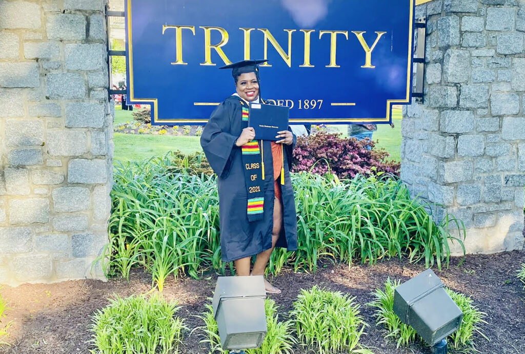Veronica Brunnel poses for a photo on the campus of Trinity Washington University